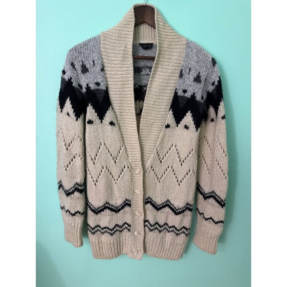 Topshop Sweaters - Topshop Womens Nordic Fair Isle Knit Cardigan Button Front Beige/Gray/Black Size